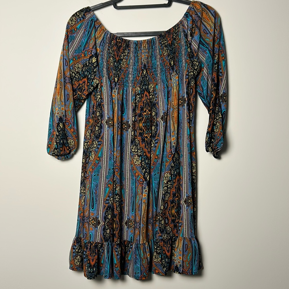 Band Of Gypsies Sun Dress Blue Orange Small Off Shoulder Boho Paisley W1833099J4